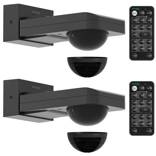 Oktaplex 2er Set Tea Bewegungsmelder Aussen mit Fernbedienung - Schwenkbarer 360° Infrarot-Bewegungsmelder mit 9m Reichweite. IP65, ideal für Außenbereiche, einfach per Fernbedienung steuerbar und anpassbare Reichweite.