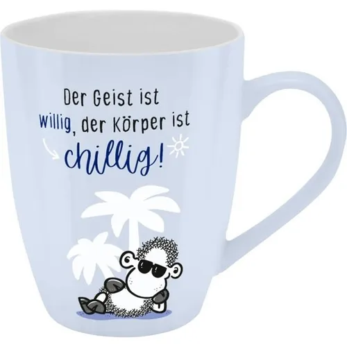 TASSE BECHER DER GEIST IST WILLIG, DER KÖRPER CHILLIG 350 ML VON SHEEPWORLD NEU