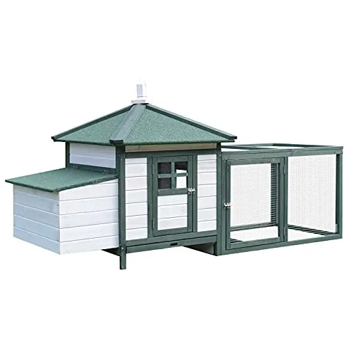 PawHut Hühnerstall für Zwerghühner 196 x 76 x 97 cm witterungsbeständig Hühnerhaus mit Nistkasten, Freilaufgehege Sitzstange, Kleintierstall aus Holz für 1-2 Hühner, Grün