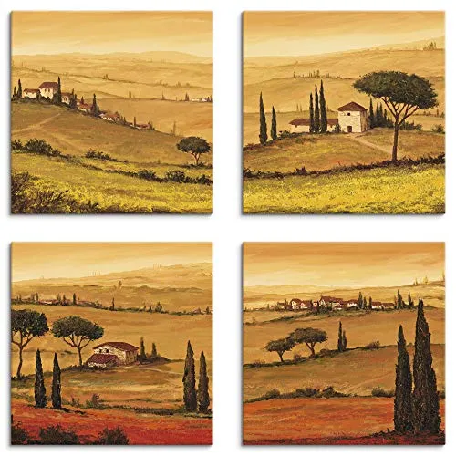 ARTLAND Wanddeko Leinwand Bilder Set 4tlg. je 40x40 cm Quadratisch Wandbilder Landschaft Italien Malerei Ocker Rapsfeld Mohnfeld Toskana K2QN