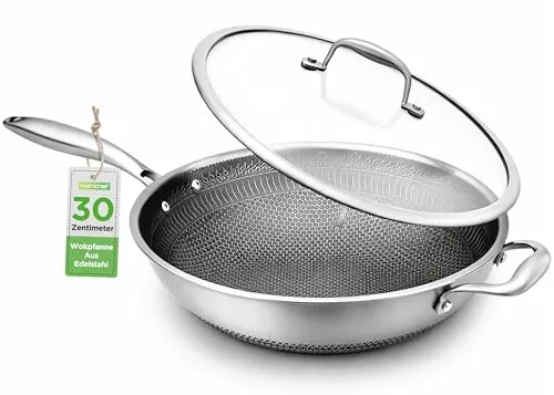 Produktbild NutriChe Woklpfanne 31 cm mit Deckel – Antihaft pfanne Induktion Kratzfest spülmaschinengeeignet ofenfest und für Metallutensilien geeignet, Silver