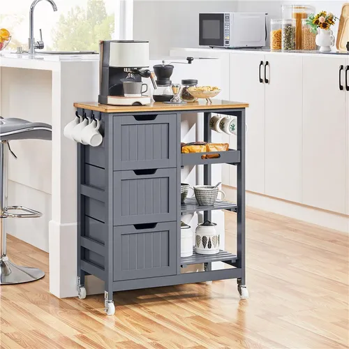 Yaheetech Servierwagen auf Rollen Bewegliche Kücheninseln Küchenwagen mit 3 Schubladen & 3 Ablagefächer mit Bremsen Rollwagen 67 cm L × 37 cm B × 84,5