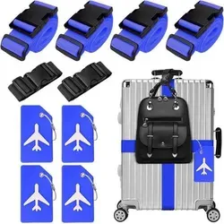 10-teiliges Koffergurt und Kofferanhänger Set in Blau - Kofferwaagen Set mit 4 strapazierfähigen Koffergurten und 4 bunten Silikon-Gepäckanhängern für einfache Identifizierung. Ideal für Reisende, um Gepäck sicher und auffällig zu transportieren.