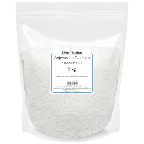DistrEbution Sojawachs Pastillen für Kerzen 2kg - Vegan und Biologisch Abbaubar - Veganer Kerzenwachs aus 100% natürlichem Soja, ideal für kreative Kerzenbastler. Langsame, rußfreie Verbrennung sorgt für ein reines Kerzenvergnügen.