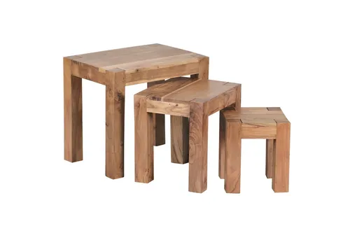 FineBuy 3er Set Satztisch aus massivem Akazienholz - Elegantes 3er Set Beistelltische im Landhaus-Stil, handgefertigt aus massivem Akazienholz - Jedes Stück ist ein Unikat mit einzigartiger Holzmaserung.