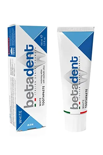 Betadent Weiße Zahnpaste, sanft und nicht scheuernd, stellt das natürliche Weiß der Zähne wieder her, frischer Atem, Anti-Plaque-Wirkung, Zahnsteinschutz – Maxi-Format 100 ml