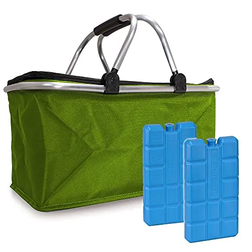 Einkaufskorb faltbar isoliert 25L & 2x Kühlakkus I Isolierkorb mit gepolsterten Tragegriffen & Reißverschluss am Deckel I Leicht klappbarer Kühlkorb