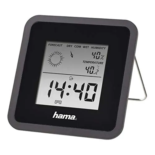 Hama digitale Wetterstation (Raumthermometer, Hygrometer, digitale Anzeige von Temperatur, Luftfeuchtigkeit, Uhrzeit und Raumluft) Schwarz