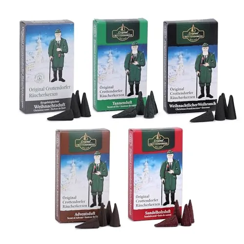 Crottendorfer Räucherkerzen 5er Pack (5 x 24 Stück) – Weihrauch, Tannenduft, Sandelholz, Erzgebirgischer Weihnachtsduft, Adventsduft – Höhe 2,7cm, Ø 1,2cm – 15 Min. Brenndauer pro Räucherkegel