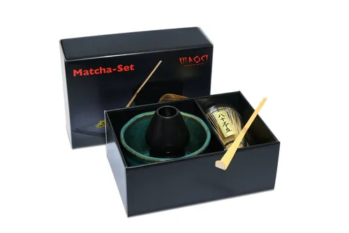 MAOCI Teeschale Matchaset Premium petrol, 5-teilig - Elegante Teeschale mit trendiger reaktiver Glasur, ideal für die Matcha-Zubereitung. Das Set enthält Schale, Besen, Löffel und Besenhalter – perfekt für stilvollen Genuss.
