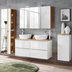 Lomadox Badmöbel-Set TOSKANA-56 - Elegantes Badmöbel-Set in Hochglanz Weiß und Wotaneiche, inklusive Soft-Close-Funktion und LED-Spiegelschrank – ideal für modernes Badezimmerdesign.