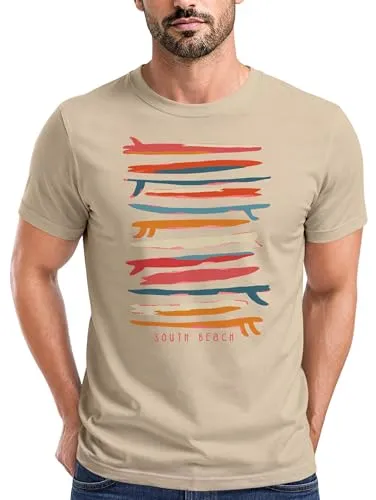 Neverless® Herren T-Shirt Surfboards South Beach California USA Sommer Surfing Fashion Streetstyle Natur-rot M