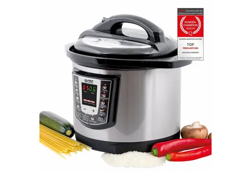 TZS First Austria Druckkochtopf elektrisch 6L - Multikocher mit 9 Programmen, sicher und einfach zu reinigen für gesunde Gerichte