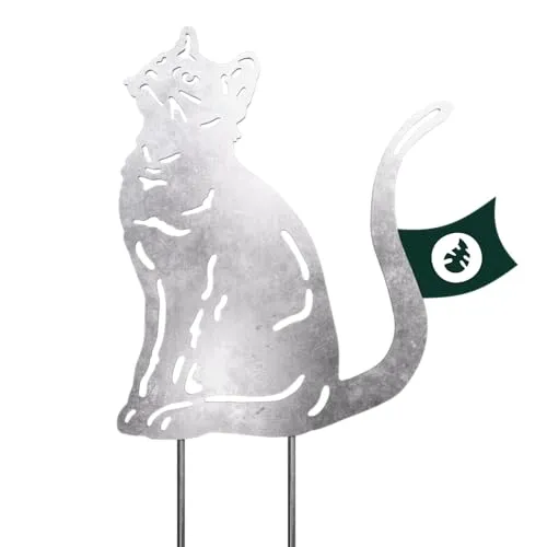 VERDOBA Katzen Gartendeko - Silberne Gartenstecker Katze - Blumenstecker in Silber - Blumentopf Katze aus stabilem Eisen mit Antikfinish - Deko für Garten, Balkon & Terrasse