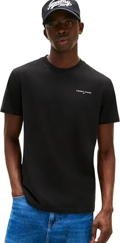 Tommy Jeans Herren T-Shirt Kurzarm Linear Chest Tee Slim Fit, Schwarz (Black), XS