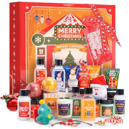 BODY & EARTH Adventskalender 2025 für Frauen, Weihnachtsgeschenke, 24PCS Weihnachtsbad Sets mit Geschenkbox, 2 Weihnachtsbaum Ohrringe, Bubble Bad etc., Weihnachtsgeschenke für Frauen
