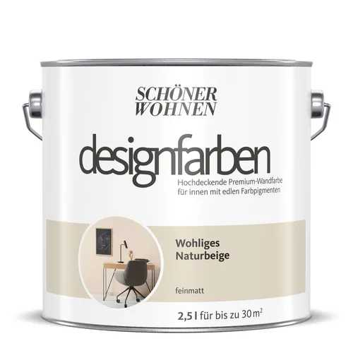 SCHÖNER WOHNEN Designfarbe Wohliges Naturbeige 2,5 l - Wandfarbe für den Innenbereich mit seidenmatter Oberfläche, deckt hervorragend und ist spritzerabweisend – ideal für jeden Raum.