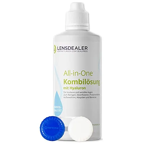 Lensdealer All in One Kontaktlinsenflüssigkeit | 1x 360ml + 1 Behälter | Kombilösung zur Reinigung von weichen Kontaktlinsen