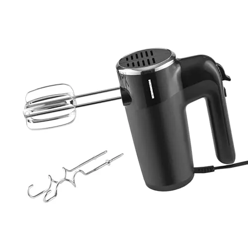 HEINNER HM-300BK Handmixer – 300 W Leistung, 5 Geschwindigkeitsstufen + Turbo-Funktion, Edelstahl-Rührbesen & Knethaken, ideal zum Mischen und Kneten, 3 Jahre Garantie