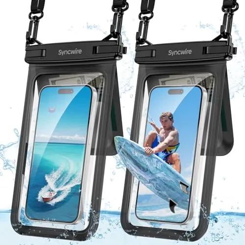 SYNCWIRE wasserdichte Handyhülle, 2er-Pack IPX8 Doppelter Unterwasser Handybeutel für iPhone 17 16 15 14 13 12 11 Pro Max XR XS X, Samsung S25 S24 S23 S22 Ultra S21-Telefone unter 8,5 Zoll - Schwarz