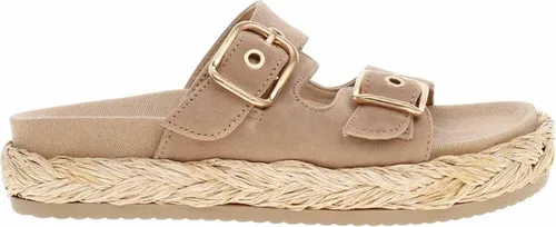Pantolette TAMARIS, Damen, beige - Modische Pantolette aus Ziegenveloursleder mit 4 cm Plateauhöhe und vorgeformtem Fußbett, ideal für Sommer und Strand.