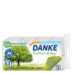 Essity Germany GmbH Danke Toilettenpapier aus 100 % Recyclingpapier, 3-lagig, naturweiß, 1 Packung = 8 Rollen à 150 Blatt 5758