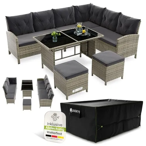 Juskys Polyrattan Lounge Manacor - Stilvolles Gartenmöbel-Set für 7 Personen - Das Polyrattan Lounge Set Manacor bietet Platz für bis zu 7 Personen und verwandelt Ihren Außenbereich in eine entspannende Oase. Wetterfestes Material und bequeme Kissen sorgen für unbeschwerte Stunden im Freien.