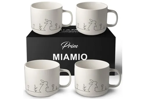 MiaMio Frühlings Tassen Set – 4 x 450 ml Keramik Kaffeetassen - Elegantes 4-teiliges Set in Weiß, ideal für Kaffeeliebhaber. Perfekte Form für den täglichen Genuss und stilvolle Akzente bei jedem Kaffee- oder Teetrinken.