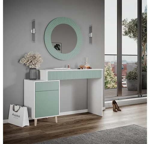 Vicco Schminktisch Arles mit Spiegel, Grün/Weiß, 120 cm - Schminktisch mit elegantem Spiegel und zwei Schubladen, ideal für stilvolles Schminken und Stylen. Maße: 120 cm Breite, pflegeleichte Spanplatte.