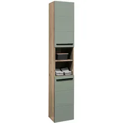 70-565-EY Hochschrank VISTA Badschrank in Viking Oak & Schilf Grün - Hoch- & Midischränke fürs Bad, modernes Design mit praktischen Drehtüren und offenen Fächern für optimalen Stauraum