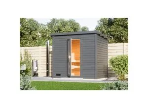 Karibu Saunahaus 38mm Melo 3 mit 9 kW Ofen - Saunen im eigenen Garten mit dem Karibu Saunahaus Melo. Genießen Sie entspannende Wellnessmomente und das finnische Saunaerlebnis in terragrau, ideal für kalte Wintertage.