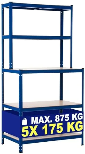 CLP Steckregal mit Werkbank – Belastbar bis 175 KG - Regal aus stabilem Metall, ideal als Lager- oder Garagenregal. Mit fünf robusten Regalböden und zusätzlicher Arbeitsfläche für vielseitige Anwendungen.