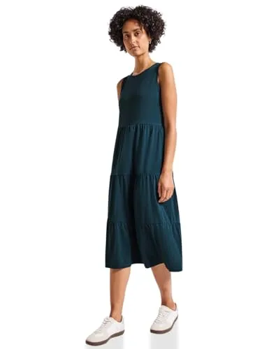 STREET ONE Damen Jersey-Kleid 1408844 mit Volants, Tide Blue, Größe 44 - Elegantes Midi-Kleid mit Rundhalsausschnitt und ärmellosem Design, ideal für Freizeit und besondere Anlässe, aus bequemem Baumwollmix mit Stretchanteil.