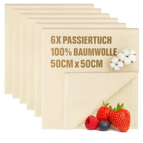com-four® 6x Bäckerleinen, Seihtuch, Passiertuch, Knödeltuch 50 x 50 cm aus 100% Baumwolle - Gewebte Tücher für Teigzubereitung - Reißfest bei hoher Feuchtigkeit - Seiher, Leinentuch, Käsetuch