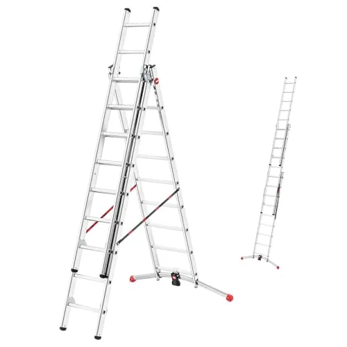 Hailo HobbyLOT 3-teilige Alu-Kombileiter - Mehrzweckleiter mit LOT-System für festen Stand auf unebenem Untergrund und bis 150 kg belastbar. Ideal für vielseitige Anwendungen, platzsparend und sicher im Gebrauch.