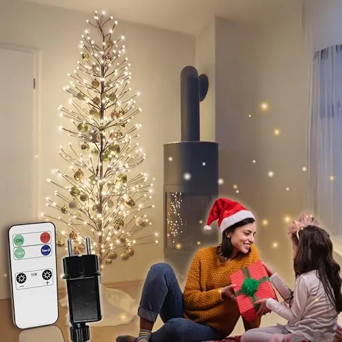 HiLight LED Weihnachtsbaum 220 cm mit 392 warmweißen LEDs und Schneedeko braun für Außenbereich geeignet Christbaum Tannenbaum Zweige und Äste Biegsam inkl. Metallständer (220 cm dimmbar)