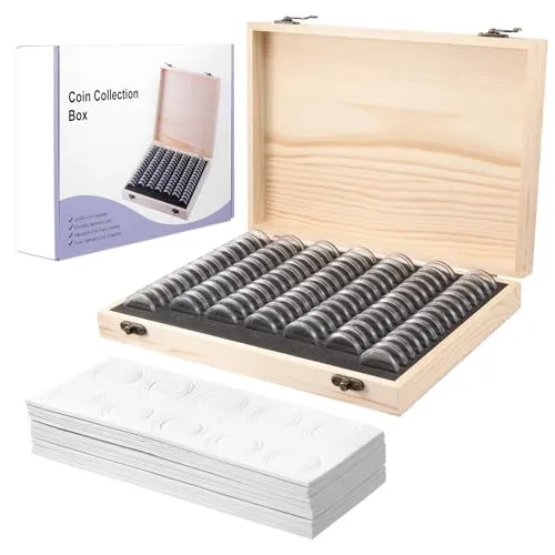 Fippy Münzen Aufbewahrung Box Holz Münzhalter Kapseln, mit 100 Stück Runde Münzkapseln für Münz Sammlung 18/21/25/27/30mm