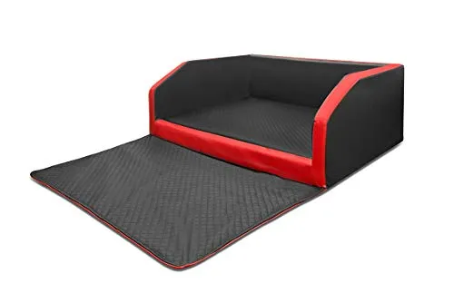 Mayaadi-Home Premium Hundebett - 90 x 70 x 38 cm | Hochwertiger Autositz für Deinen Hund | Autohundebett mit Schutzdecke, Kofferraum Bett aus Kunstleder | Travel Duo Schwarz-Rot - S