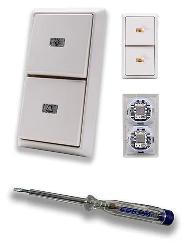 Busch Jäger Allwetter44 Klingel und Lichtschalter als Taster 2 x 2020 USGL mit Symbol Licht und Klingel (beleuchtet) 2 x Wippe 2-fach Rahmen alpinweiß inkl. EBROM Phasenprüfer zur Montage der Schalter