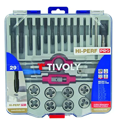 Tivoly 11900870017 MTF29 Gewindebohrer Set - Bohrmaschinen-Zubehör für präzise Gewinde in Stahl, Gusseisen und Kunststoffen. Komplettes Set mit 12 HSS Schneideisen und robustem ABS-Koffer für optimale Aufbewahrung.