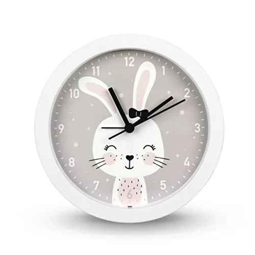 Hama Kinderuhr „Lovely Bunny“ ohne Ticken (Kinderwecker mit Hasenmotiv, analoge Tischuhr, batteriebetrieben, einstellbare Alarmzeit, geräuschlos, ideal auch als Lernuhr, Wanduhr)
