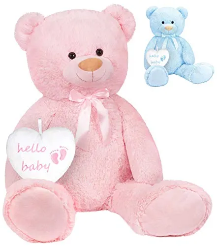 BRUBAKER XXL Teddybär 100 cm - Rosa mit Hello Baby Herz - Stofftiere & Teddybären: Flauschiger 100 cm großer Teddybär mit Herz, ideal als Babygeschenk zur Geburt oder Babyparty, sorgt für Geborgenheit und ist ein liebevoller Begleiter für Ihr Kind.