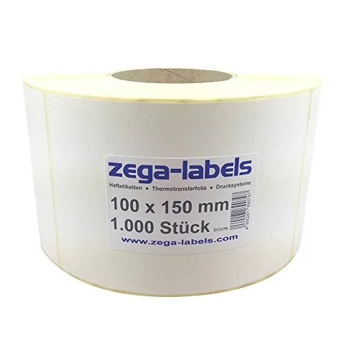 zega-labels Thermo Etiketten - 100 x 150 mm - 1.000 Stück je Rolle - Kern Ø 76 mm - Versandetiketten stark haftend - mit Perforation - Druckverfahren: Thermodirekt (Verwendung ohne Farbband)