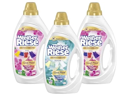 WEISSER RIESE Gel-Set 3x 22 Waschladungen (66WL) Aromatherapie 2x Color Orchidee & 1x Universal Lotus, mit Good Mood-Duft für unwiderstehlich duftende & strahlend saubere Wäsche