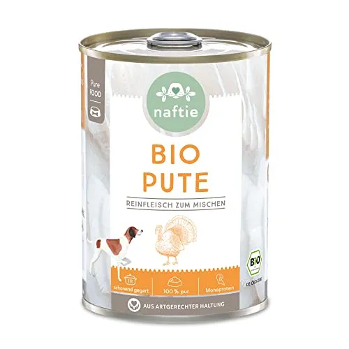 naftie Bio Hundefutter 100% Bio-Pute - Reinfleisch-Dose Pute pur - Hunde-Nassfutter zum Mischen - glutenfrei getreidefrei - 400g Dose
