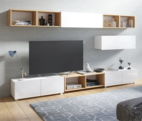 Lomadox Wohnwand CAIRNS-132 in Weiß Hochglanz & Eiche - Moderne Wohnwand mit griffloser Optik, bestehend aus 9 Teilen. Bietet großzügigen Stauraum und passt perfekt in jedes Wohnzimmer.