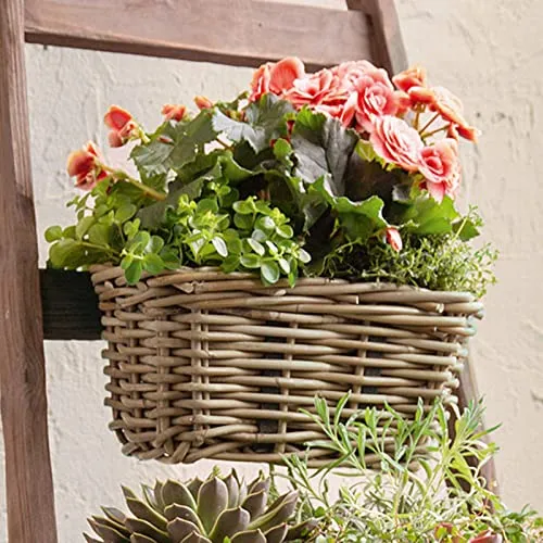 Dekoleidenschaft Rattan Pflanzkasten Koboo Grey klein, grau, Balkonkasten mit Halterung, Balkon-Blumenkasten für Draußen, Pflanzgefäß zum Einhängen am Balkongeländer, Flechtkorb