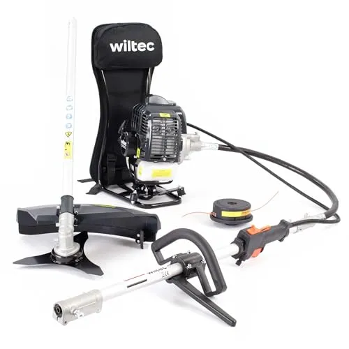 Wiltec 2-in-1 Multifunktionsgerät mit Rucksack - Rasentrimmer & Motorsensen - Vielseitiges Multitool für präzise Schnitte mit 2-Takt-Motor, ideal für schwer erreichbare Stellen und bequemes Arbeiten dank Rucksacktragekomfort.