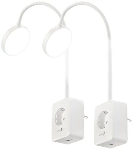 Lunartec Leselampe: 2er-Set Dimmbare CCT-LED-Steckerleuchten mit Steckdose, weiß (Schwanenhals-Steckdosenleuchte, Leselampe mit USB-Ladestation, iPhone Ladekabel)