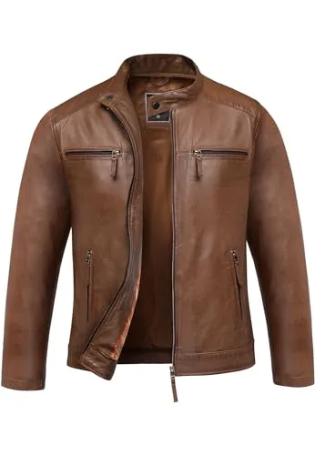 Amaci&Sons Herren Echtleder Jacke 9108 Cognac - Funktionsjacke aus hochwertigem Echtleder, stilvolles Biker-Design mit Zipper für optimalen Tragekomfort und lässigen Look.